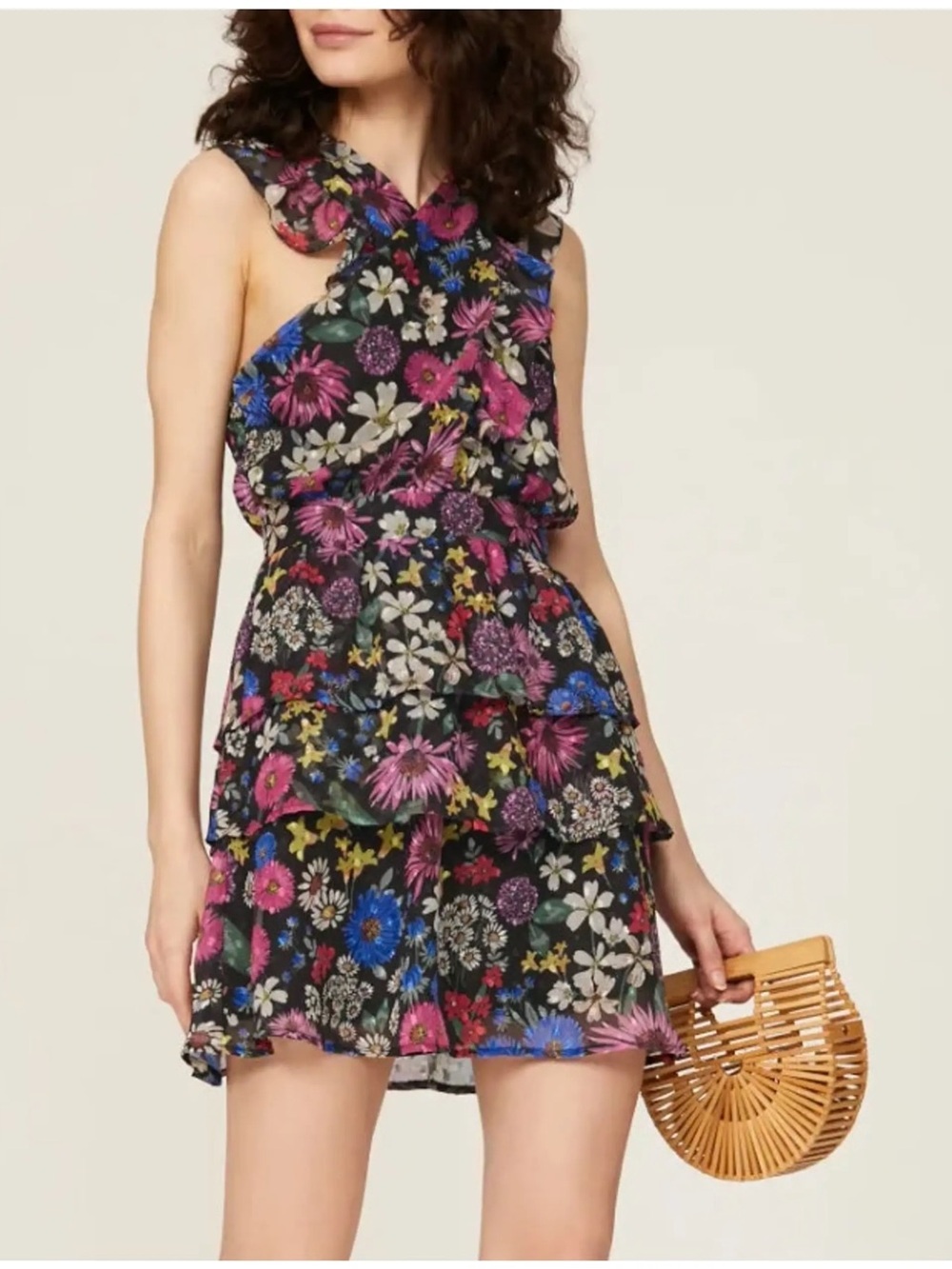 Slate & Willow Floral Tiered Halter Mini Dress  Black Size Medium